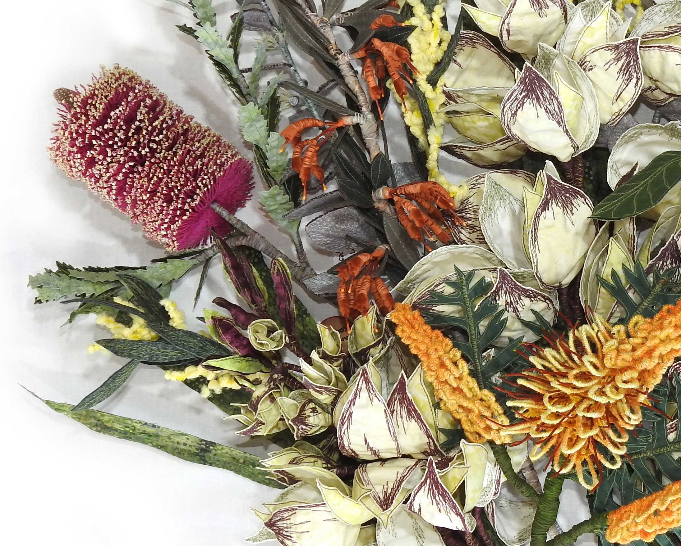 A detail of a fibre sculpture titled 'Blooming Botanicals' by artist Jennie-maree Tempest
