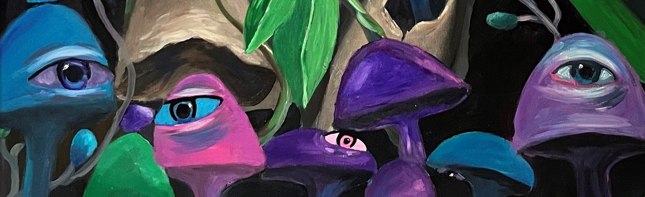coloured mushrooms painted with eyes