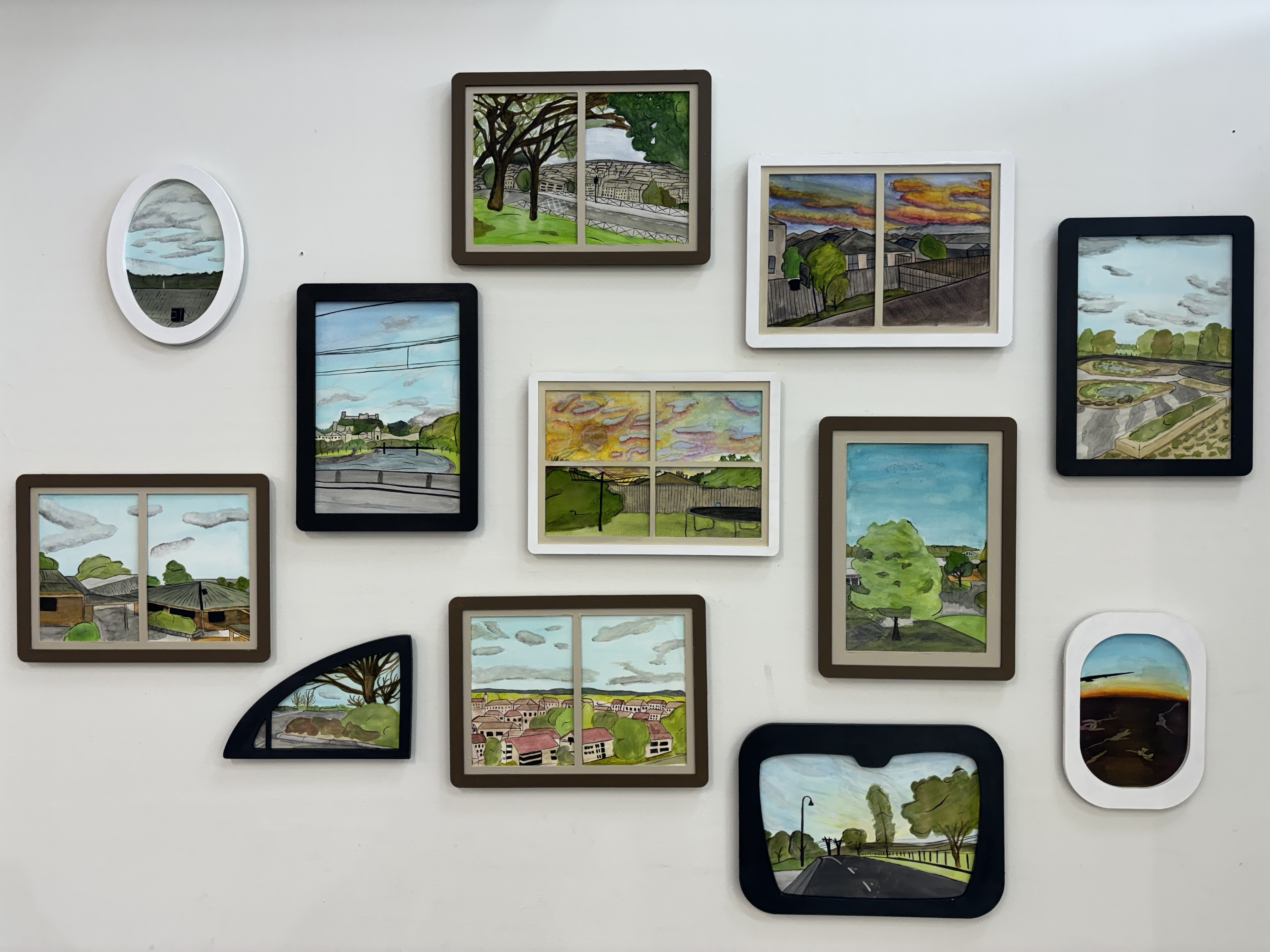 watercolour paintings of windows looking out to different natural environments