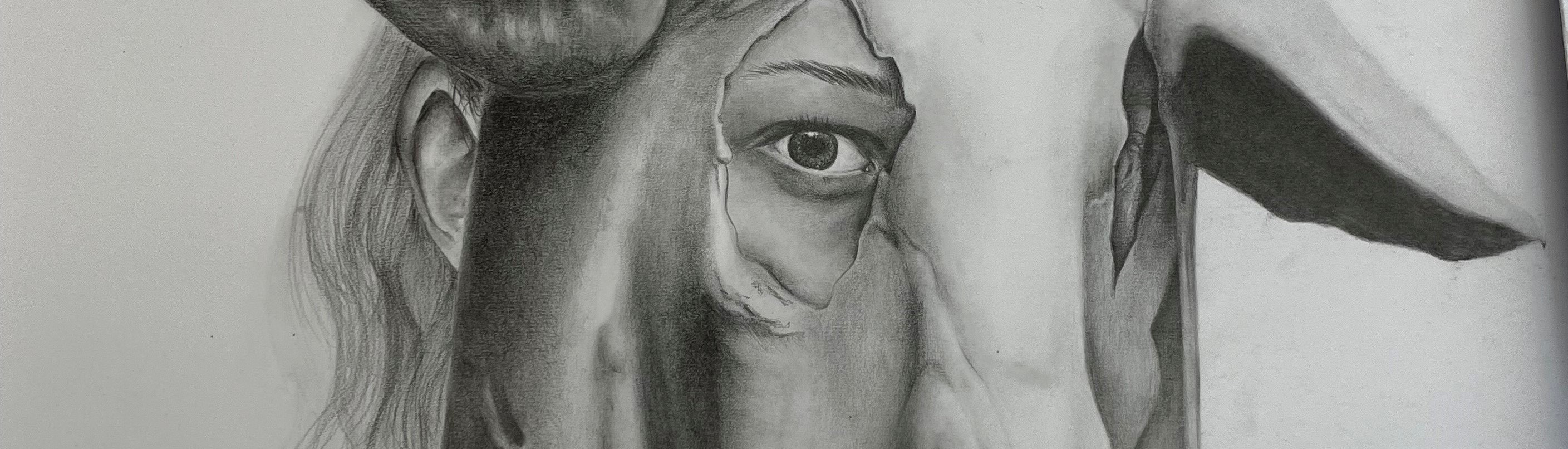 pencil drawing of a girl wearing a pig skin