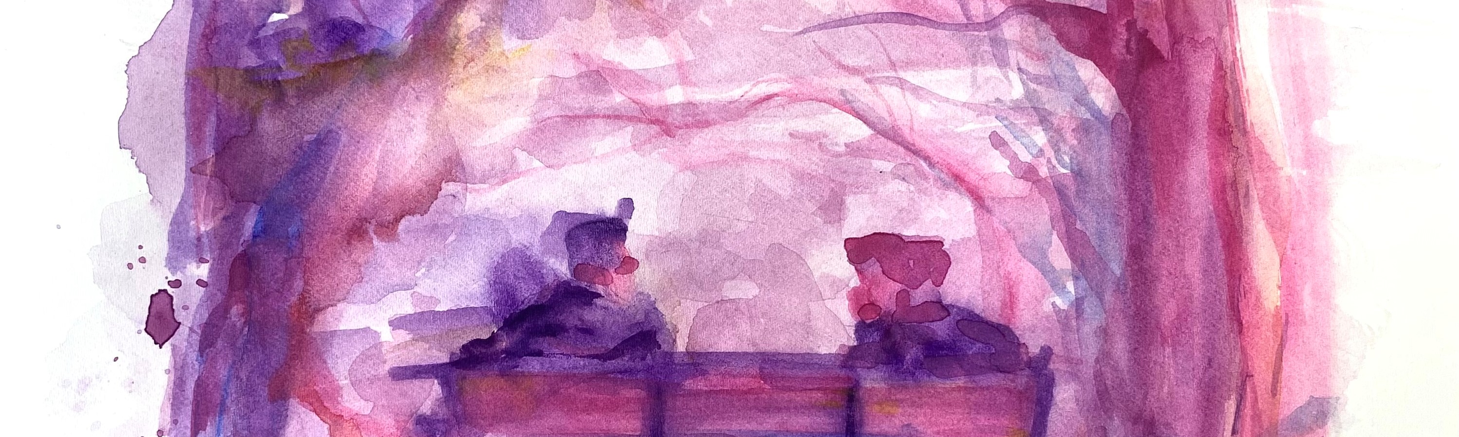 purple and red watercolour of two people sitting on a bench