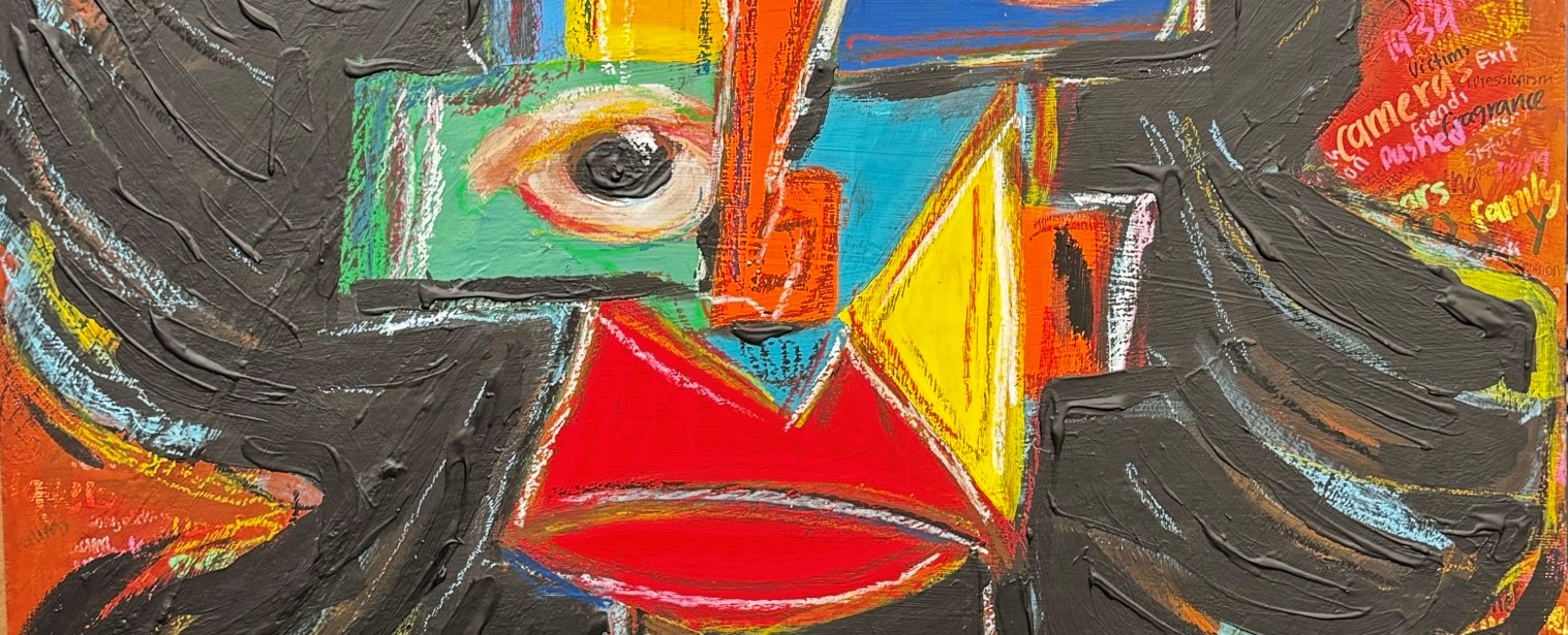 Cubist painting cropped to show an eye, nose and mouth