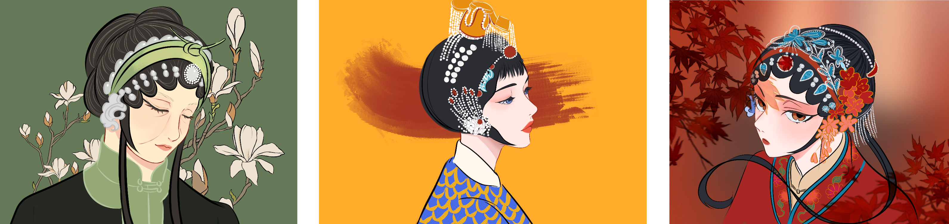 three digital drawings in anime style of women