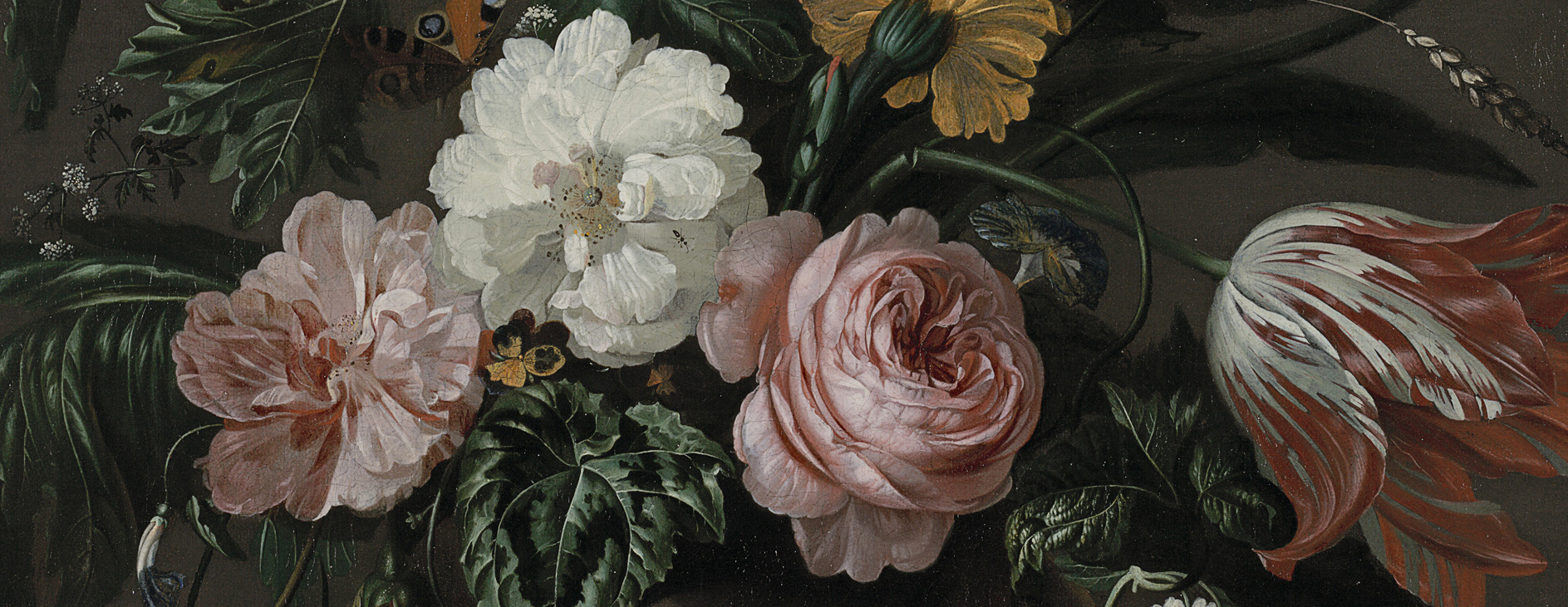 close crop of a still life painting with a black background