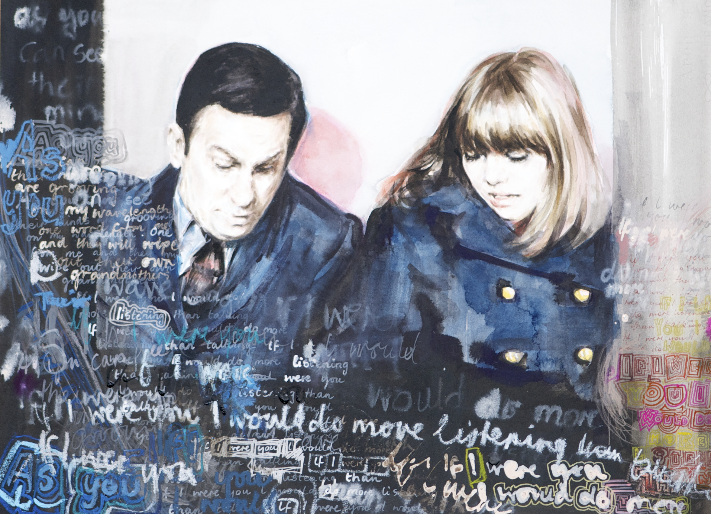 A watercolour painting by Jennifer Mills featuring Agent 86 and Agent 86, characters from 1960s TV sitcom Get Smart.