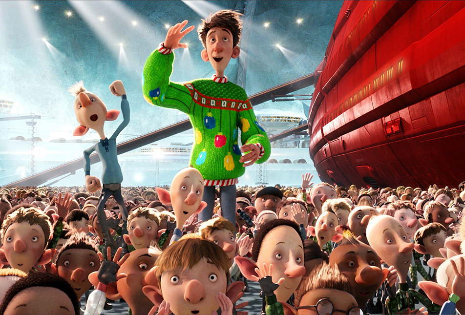 A cartoon character in a green suit stands above a seat of other characters. A scene from Arthur Christmas movie