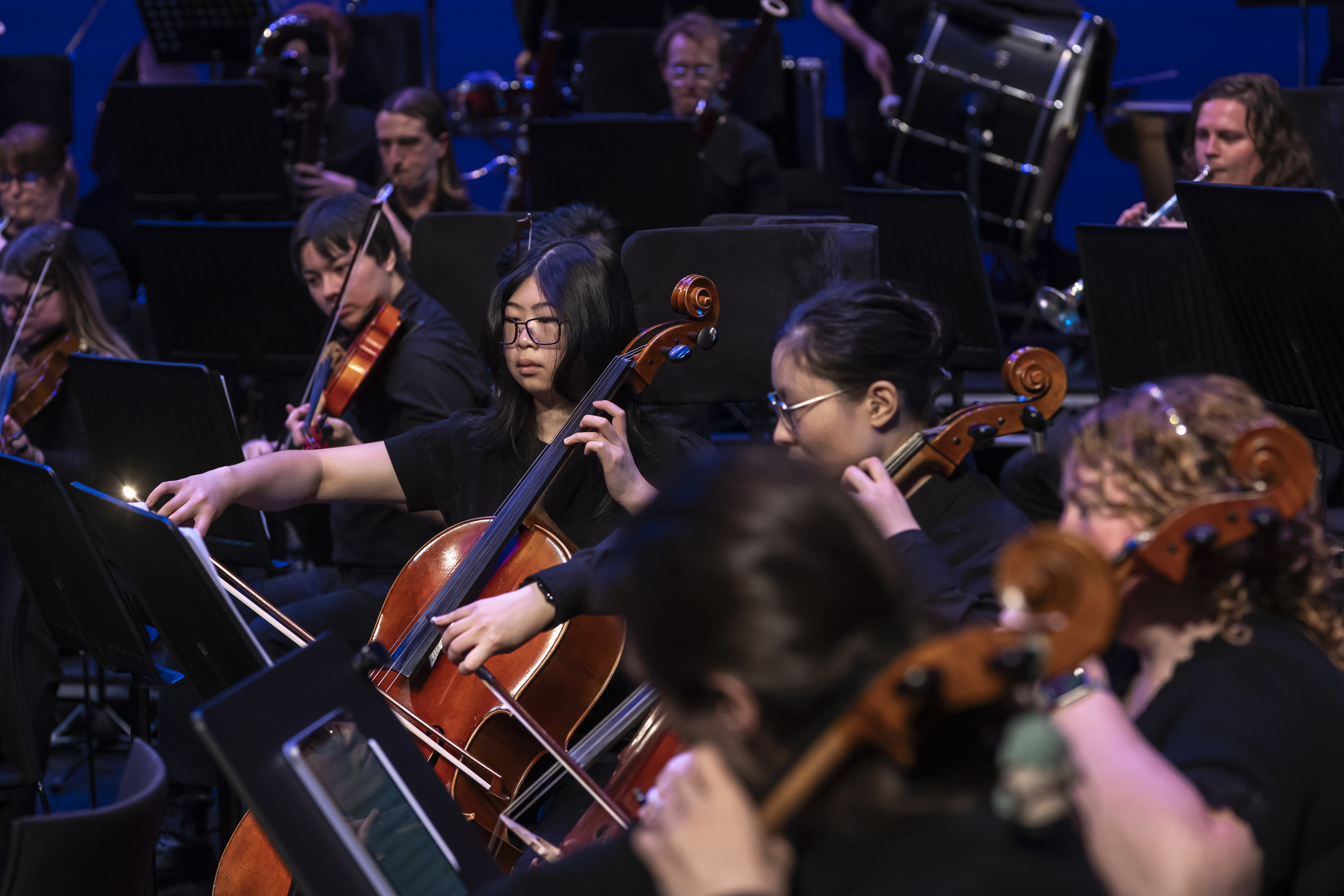 An orchestra photo with several players depicted with their instruments, to promote The Nutcracker