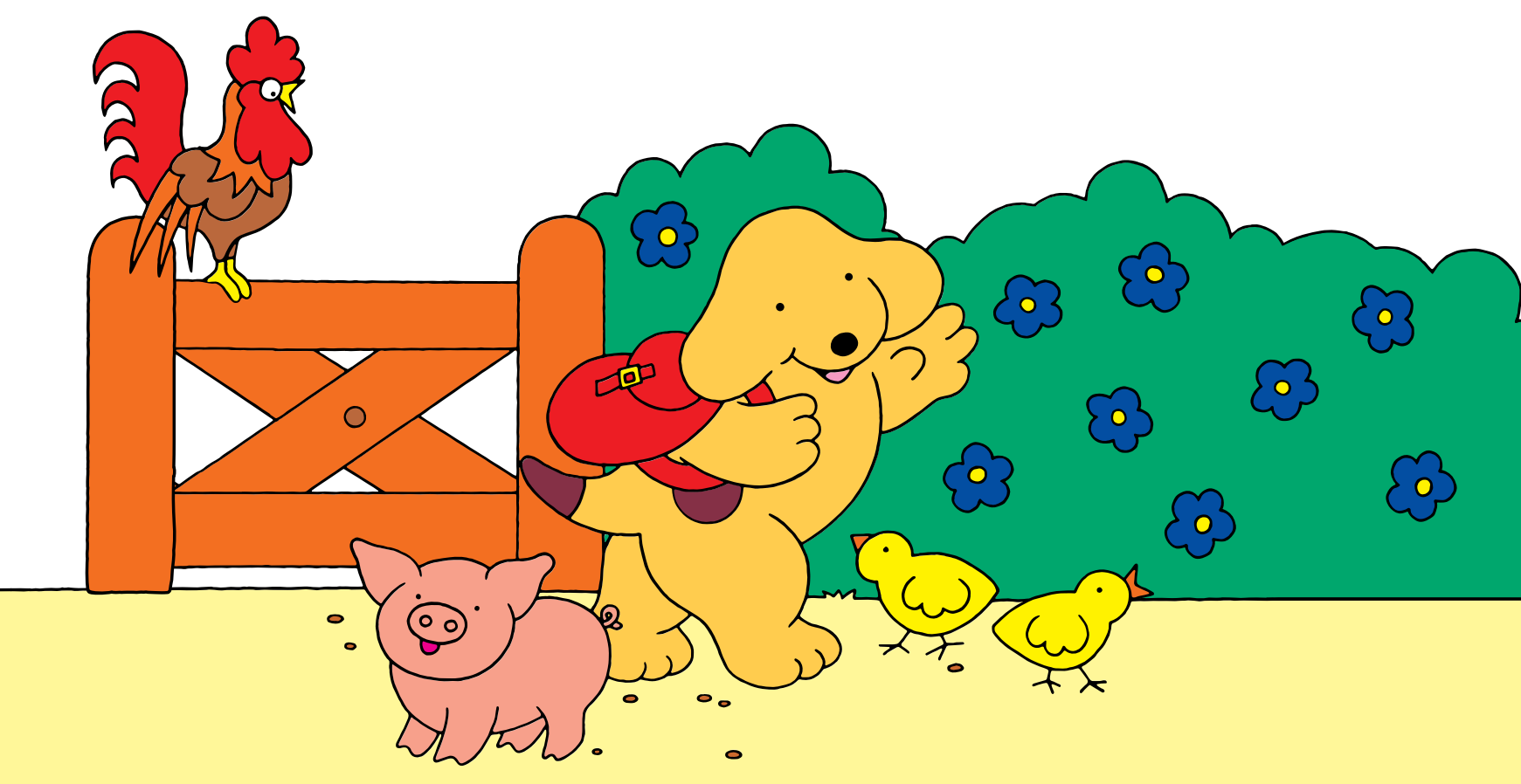A cartoon dog with some farm animls - from SPOT