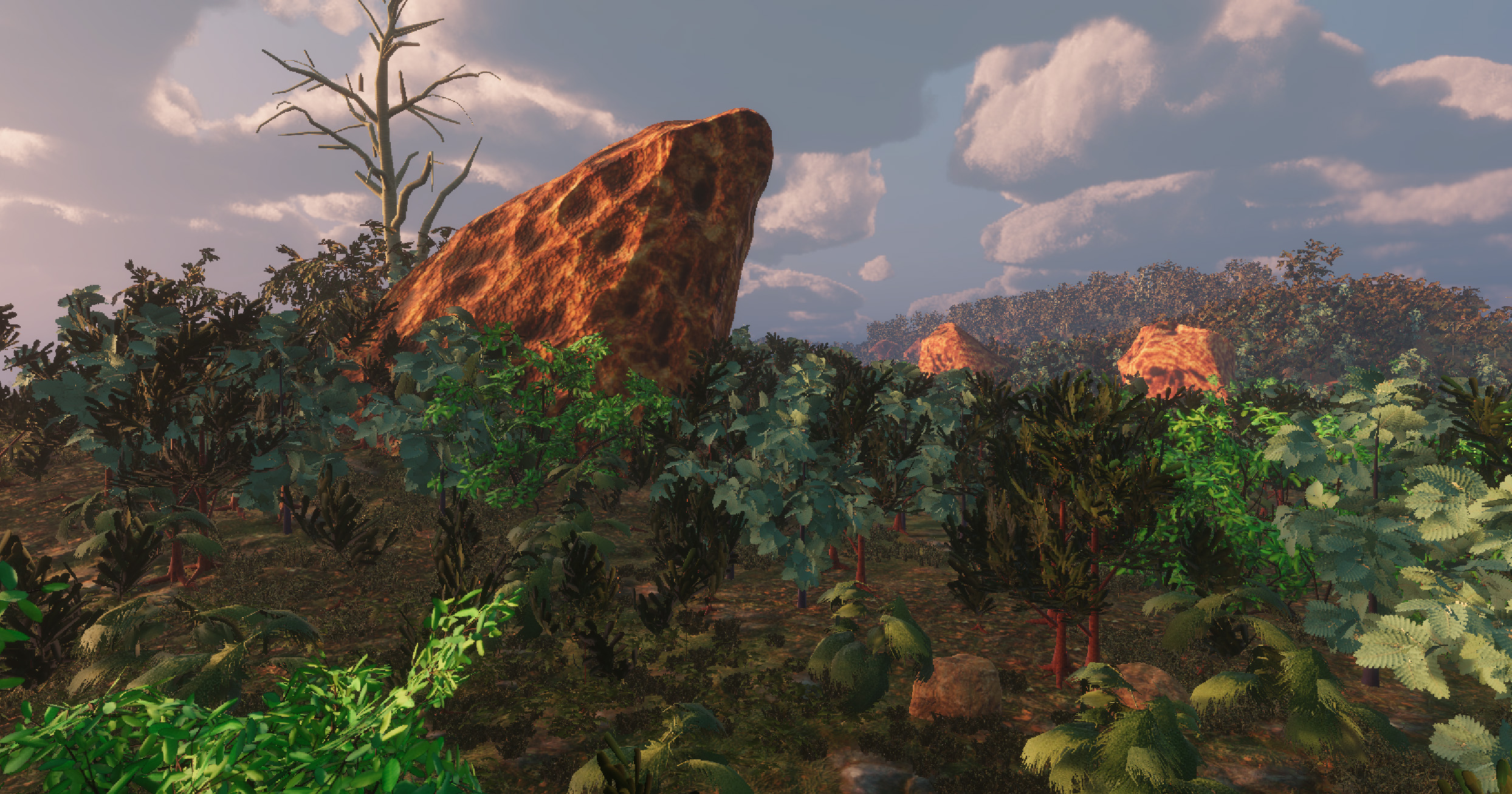 a view of a digitally generated rock with greenary around it