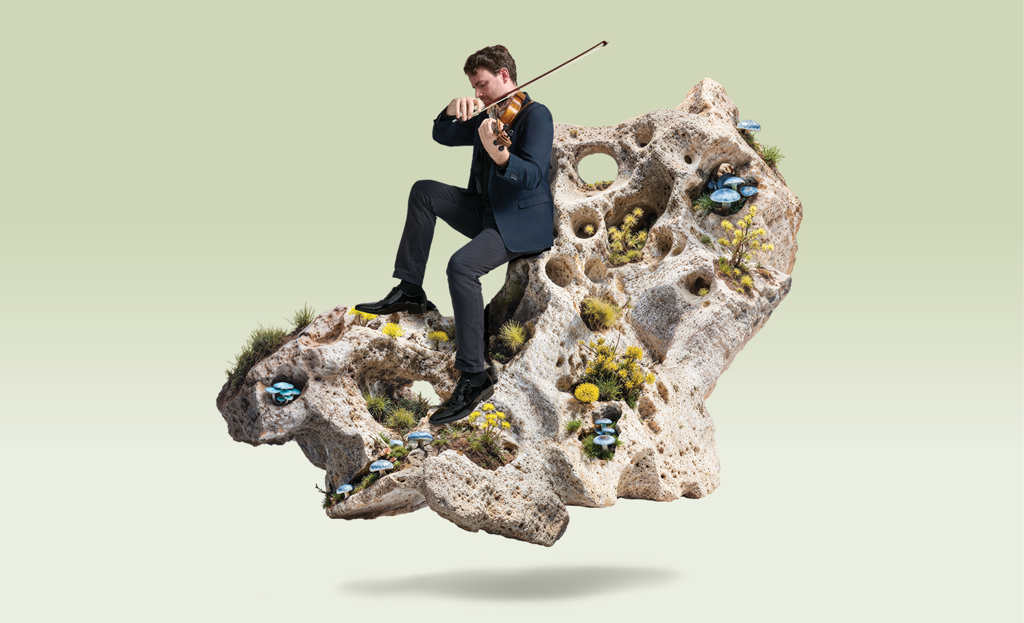 A man sitting on a stylised piece of coral, playing the violin, wearing a suit, on a pale green background.
