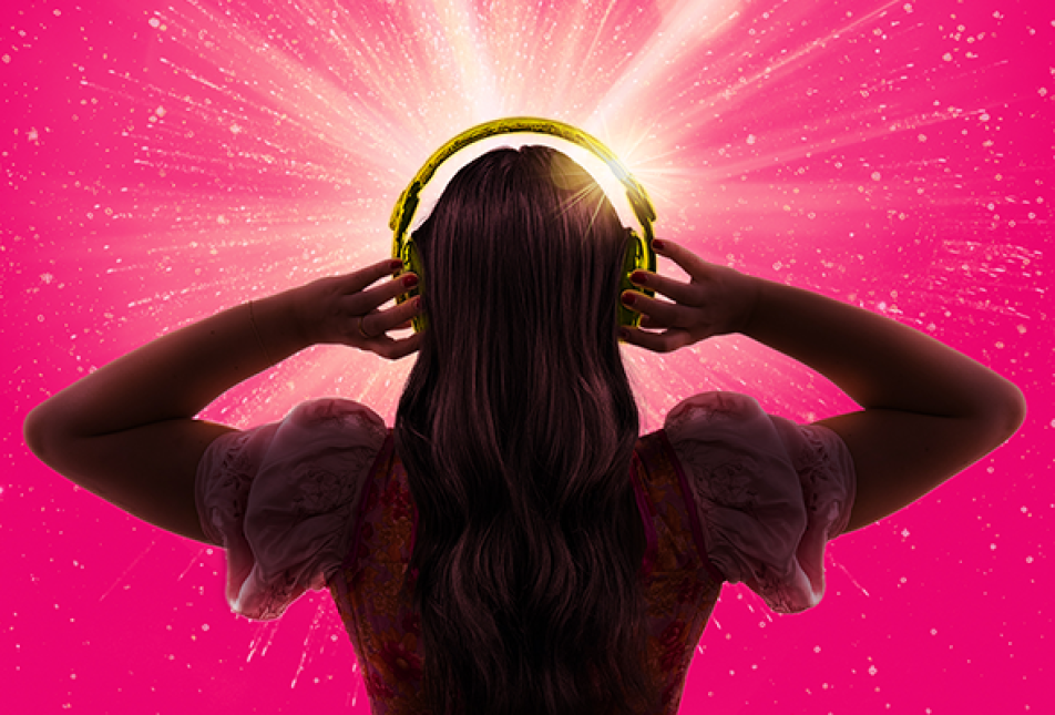 A silhoutte of a woman wearing headphones against a bright pink background