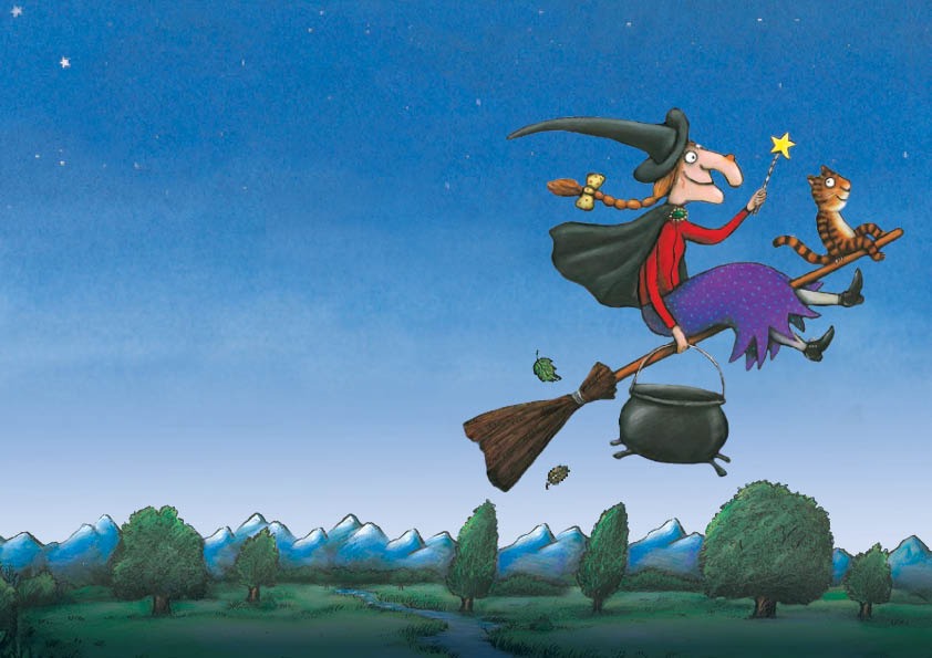 A cartoon witch rides a broomstick