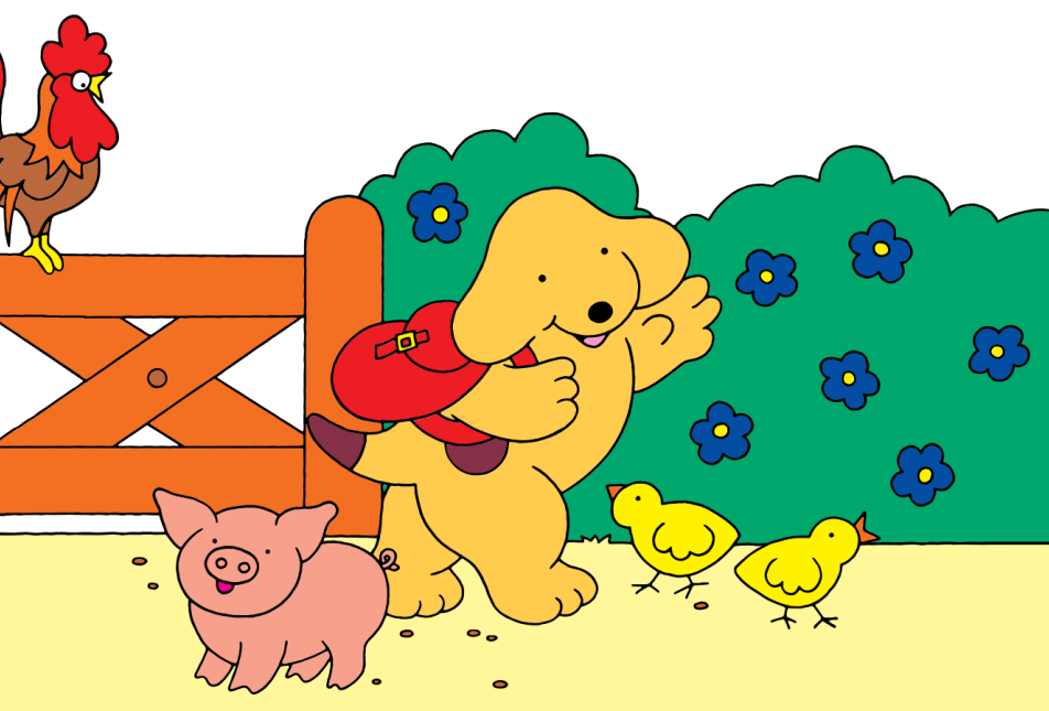 Cartoon drawing of farm animals with Spot the Dog