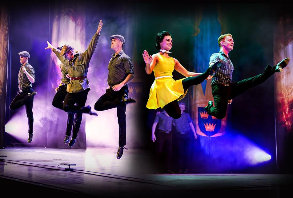 A collage of Irish dancers doing various high kicks and steps