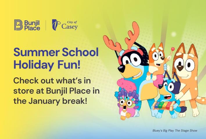 Bluey cartoon characters promoting Summer School Holidays 2026