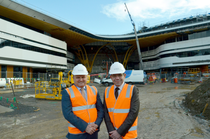 Federal Member for La Trobe Jason Wood MP and City of Casey Mayor Cr Sam Aziz tour the Bunjil Place site to announce the opening date for the entertainment precinct