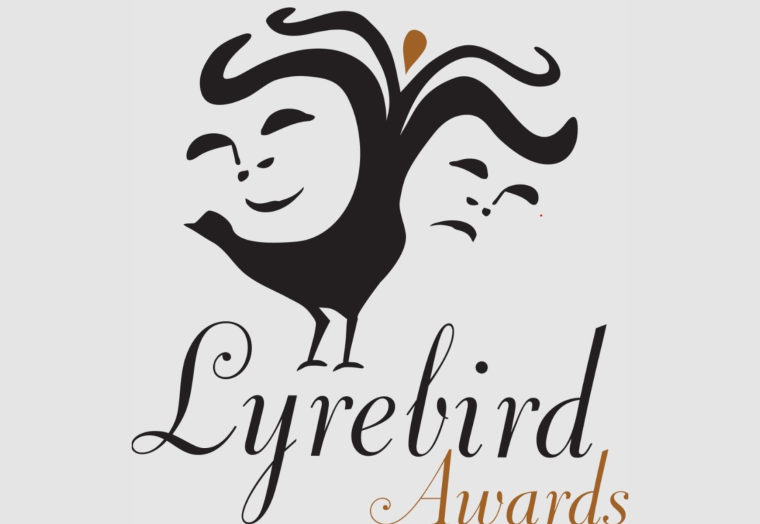 Lyrebird Awards logo which depicts a bird and two mask like faces