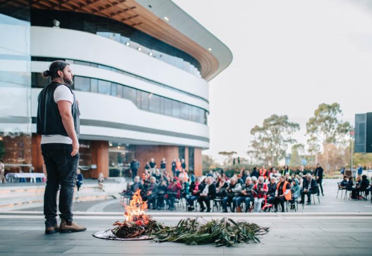 Jaeden Williams Briggs from Biik Bundjil- delivering Casey's 2025 National Reconciliation Week Welcome to Country and Smoking Ceremony- Credit Tiny Empire Collective 