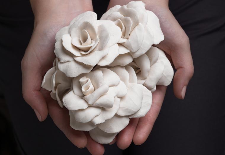 Hands cupped together holding a group of white porcelain flowers by Jess Dare