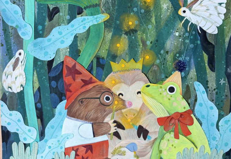 collage of three characters sitting in a forest