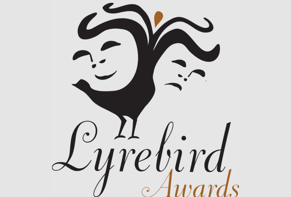 Lyrebird Awards logo which depicts a bird and two mask like faces 