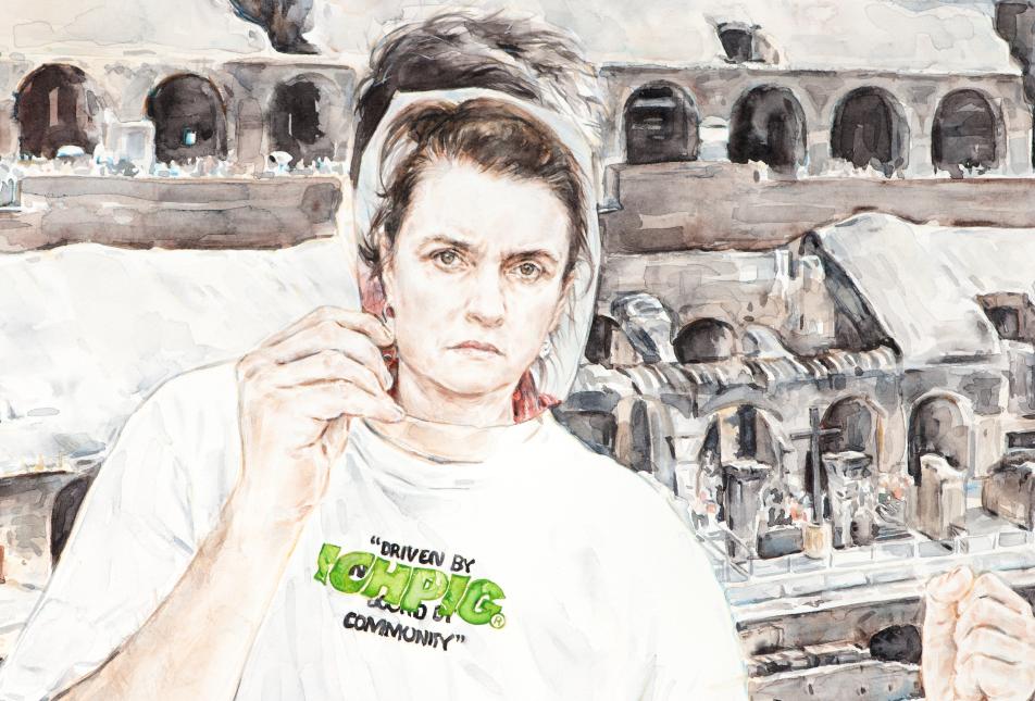 Artwork that features a man holding up a mask with Colosseum in the background - Image: Jennifer Mills, Gladiators, Colosseum, Rome 2025 (detail), watercolour on paper, 54.5 x 73.0 cm. Courtesy of the artist and Darren Knight Gallery