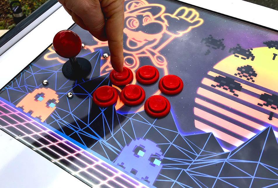 A close-up view of a retro arcade game