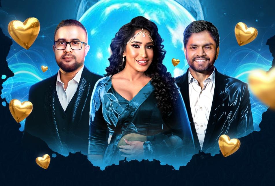 A woman in a blue evening dress stands between to men in suits - Artists Uresha Ravihari, Suresh Maliyadde, and Neluka Wijesuriya