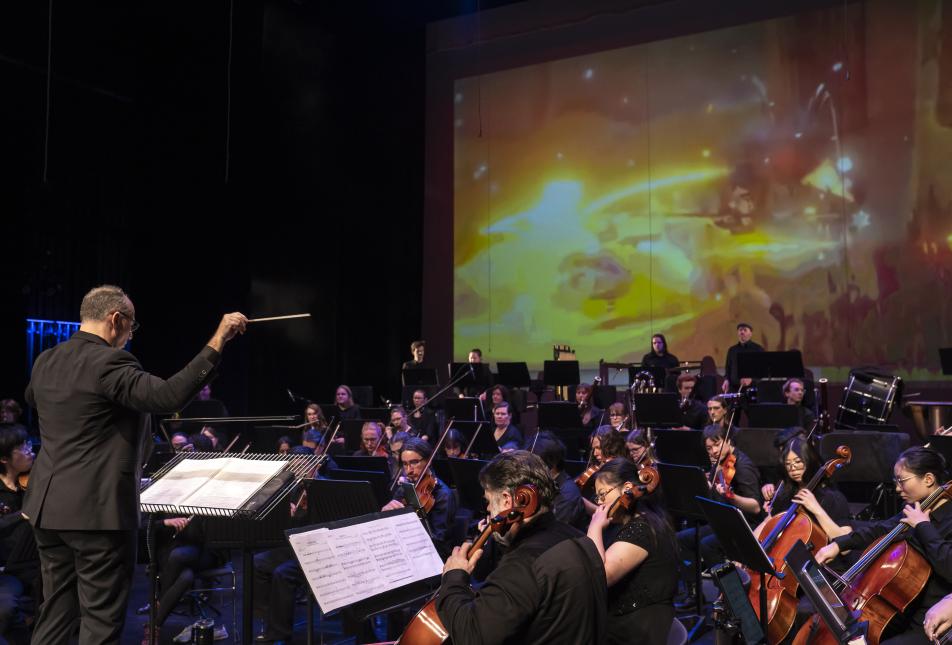A orchestra performing in a theatre