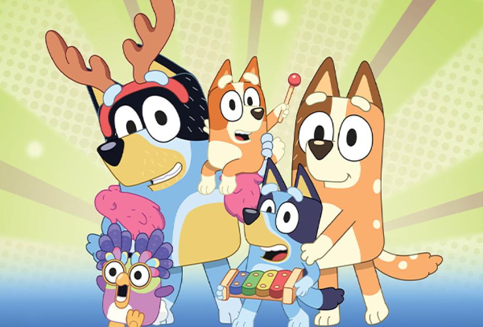 Four cartoon dogs from the television show Bluey.