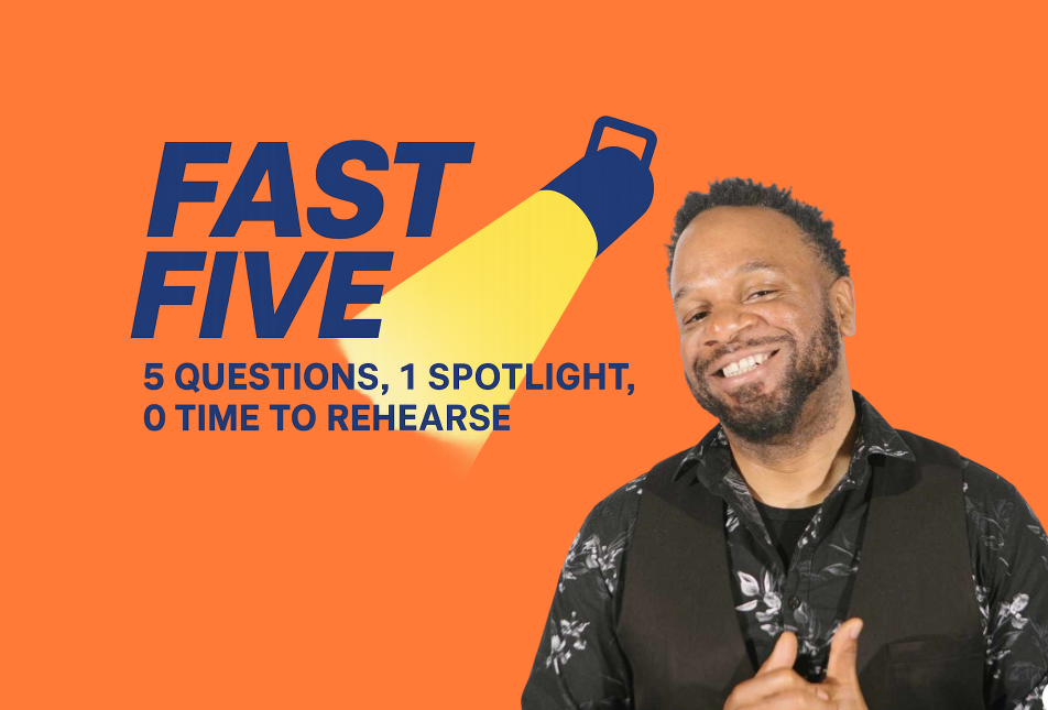 A man smiles at the camera with the words Fast Five written beside him