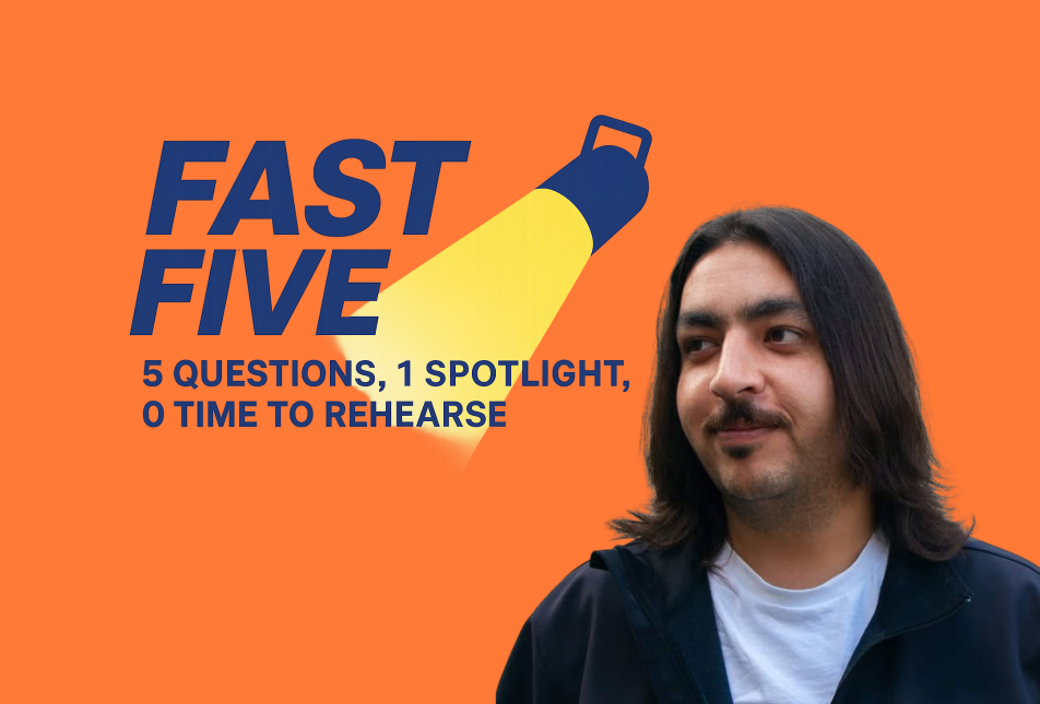 A headshot of a man with long hair beside the words Fast Five.