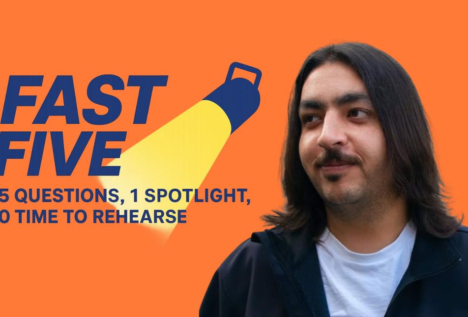 A headshot of a man with long hair beside the words Fast Five.