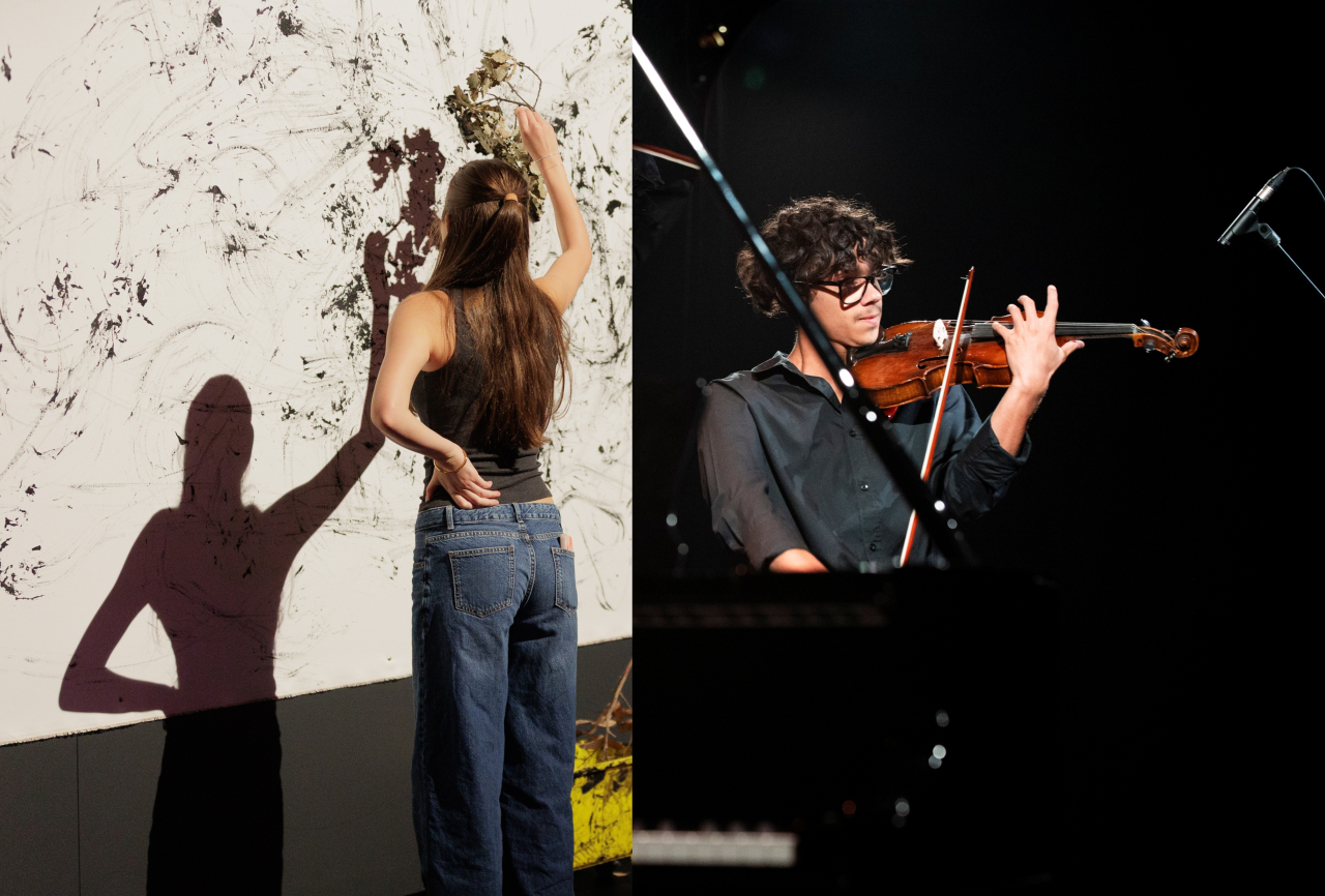two images of a person painting with a branch and a person playing violin