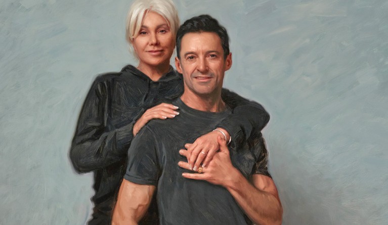 A painting of Hugh Jackman and Deborra-Lee Furness from the Archibald Prize 2022 
