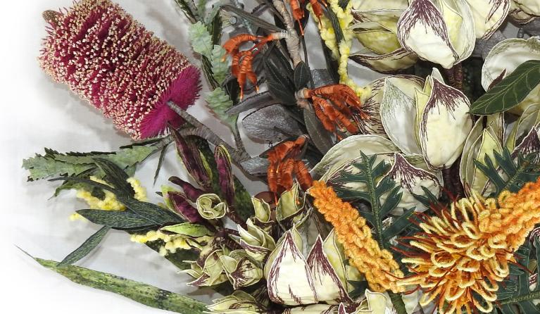 A detail of a fibre sculpture titled 'Blooming Botanicals' by artist Jennie-maree Tempest