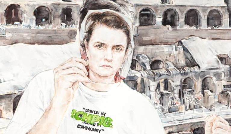 Image: Jennifer Mills, Gladiators, Colosseum, Rome 2025 (detail), watercolour on paper, 54.5 x 73.0 cm. Courtesy of the artist and Darren Knight Gallery