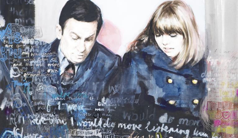 A watercolour painting by Jennifer Mills featuring Agent 86 and Agent 86, characters from 1960s TV sitcom Get Smart.
