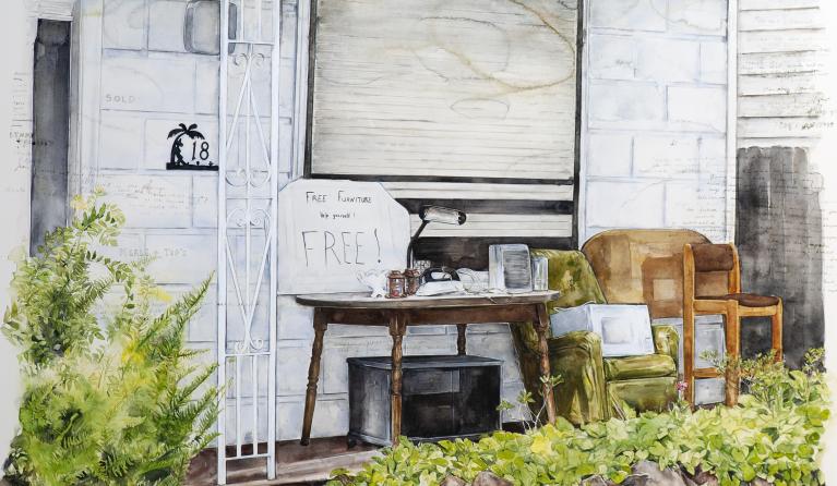 Jennifer Mills, Merle & Ted’s stuff 2022, watercolour and ink on paper, 29.0 x 42.0 cm. Courtesy of the artist and Darren Knight Gallery, Sydney.