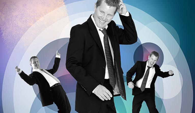 A man in a suit, dancing, replicated in three different positions to promote Tom Burlinson's Still Swingin'