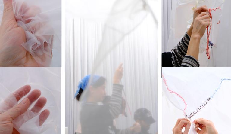 multiple images of people working with craft and fabric