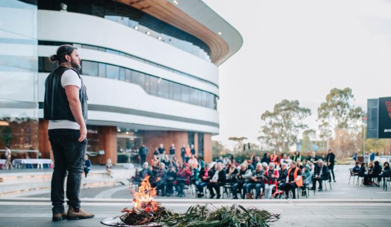 Jaeden Williams Briggs from Biik Bundjil- delivering Casey's 2025 National Reconciliation Week Welcome to Country and Smoking Ceremony- Credit Tiny Empire Collective 