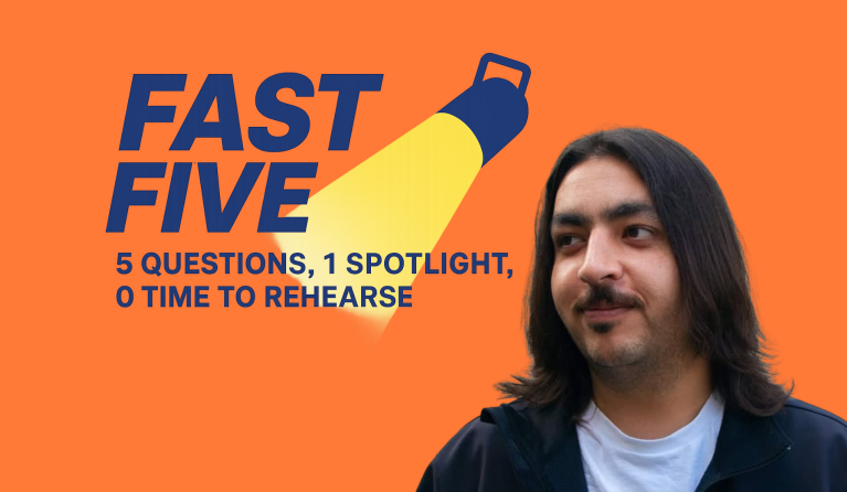 A headshot of a man with long hair beside the words Fast Five.
