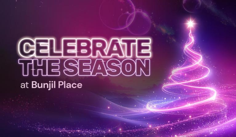 Purple Christmas tree with the words Celebrate the Season at Bunjil Place
