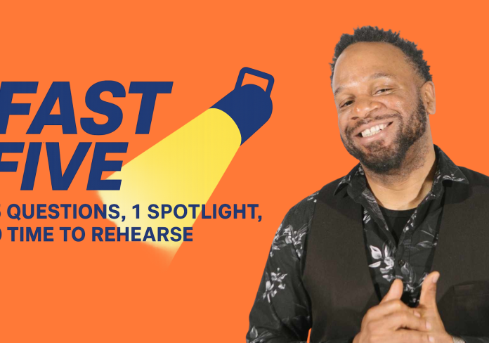 A man smiles at the camera with the words Fast Five written beside him