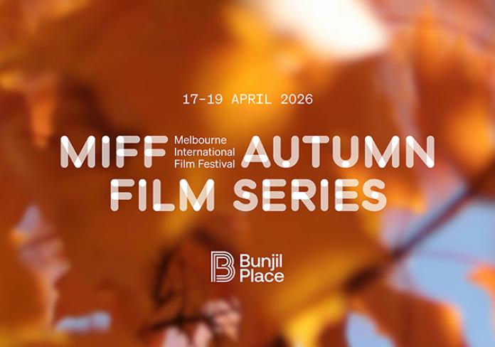 MIFF Autumn Series Series - text over a background of autumn leaves & sky.