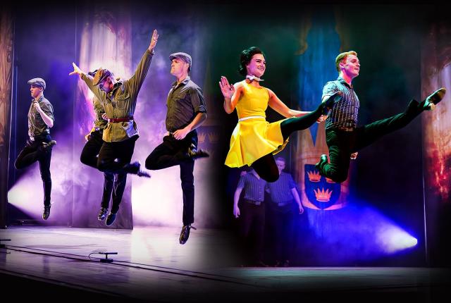 A collage if figures dancing in an Irish style with high jumps and leg kicks