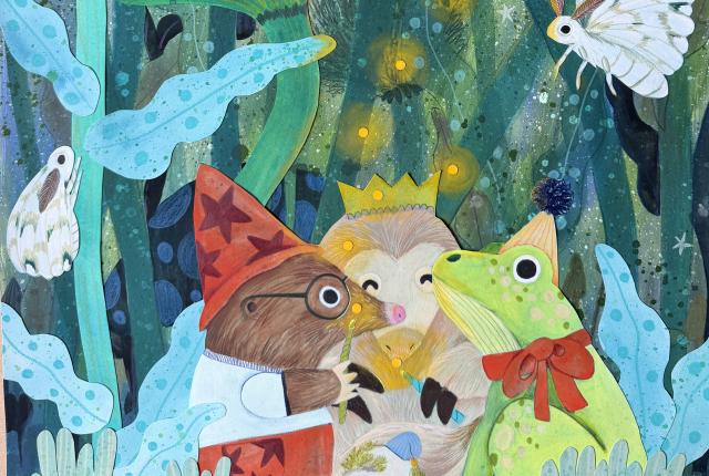collage of three characters sitting in a forest