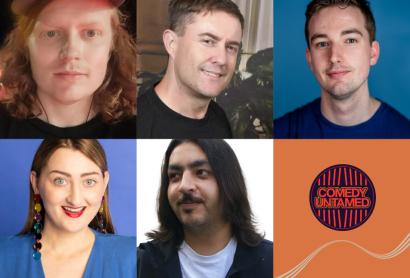 Five headshots featuring comedians coming to Bunjil Place, with a Comedy Untamed logo. 